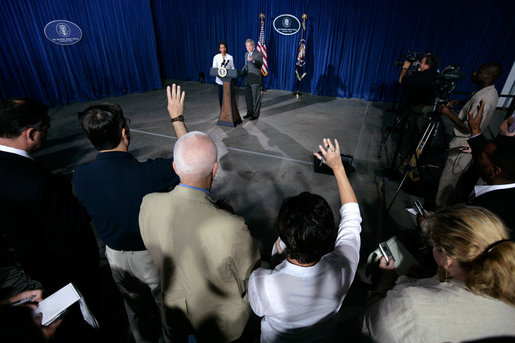 President George W. Bush and Secretary of State Condoleezza Rice take questions during a news conference Monday, Aug. 7, 2006, in Crawford, Texas. White House photo by Eric Draper
