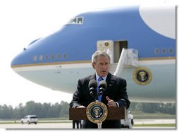 President George W. Bush addresses reporters upon his arrival to Austin Straubel International Airport in Green Bay, Wis., Thursday, Aug. 10, 2006 , on the airline bombing plot uncovered in the United Kingdom. President Bush said it is "a stark reminder that this nation is at war with Islamic fascists who will use any means to destroy those of us who love freedom, to hurt our nation." White House photo by Eric Draper