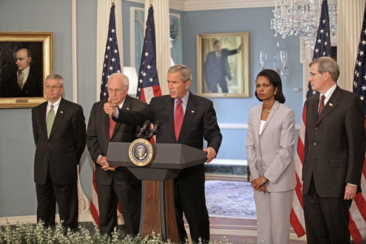 President George W. Bush addresses the media from the U.S. State Department after a series of meetings today discussing America's foreign policy Monday, August, 14, 2006. "Friday's U.N. Security Council resolution on Lebanon is an important step forward that will help bring an end to the violence," said the President. "The resolution calls for a robust international force to deploy to the southern part of the country to help Lebanon's legitimate armed forces restore the sovereignty of its democratic government over all Lebanese territory." White House photo by Eric Draper