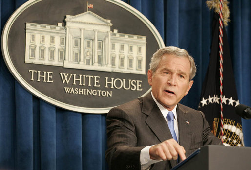 President George W. Bush emphasizes a point as he responds to a question Monday, Aug. 21, 2006, during a news conference at the White House Conference Center Briefing Room. He told the gathered media "America is making a long-term commitment to help the people of Lebanon because we believe every person deserves to live in a free, open society that respects the rights of all." White House photo by Paul Morse