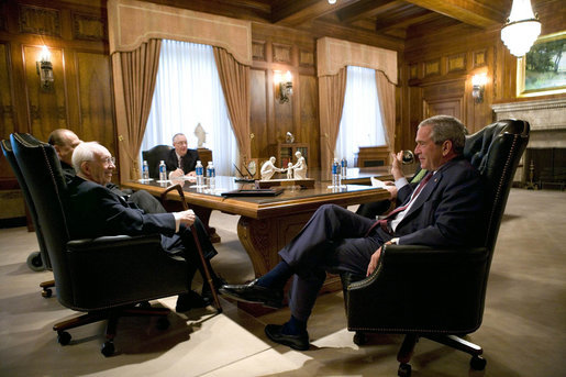 President George W. Bush meets with the leadership of the Church of Jesus Christ of Latter-day Saints Thursday, Aug. 31, 2006, during his visit to Salt Lake City. Seated clockwise are: Gordon B. Hinckley, President; Thomas Monson, First Counselor; James Faust, Second Counselor (obscured), and Frank Watson, Executive Secretary. White House photo by Eric Draper