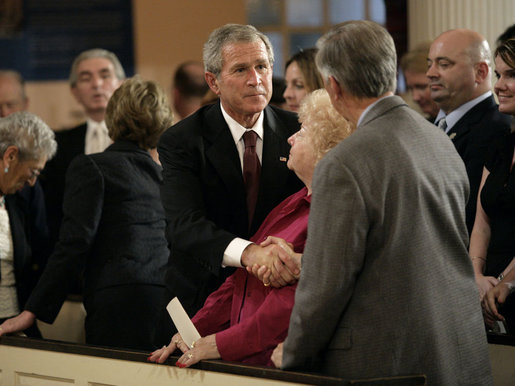 President George W. Bush talks with John and Jane Vigiano after the Service of Prayer and Remembrance at St. Paul’s Chapel near Ground Zero in New York City Sunday, September 10, 2006. The Vigiano family lost two sons, a police detective and a firefighter, in the terrorist attacks of September 11, 2001. White House photo by Eric Draper
