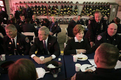 President George W. Bush and Laura Bush join emergency first responders for breakfast Monday morning, Sept. 11, 2006 at the Fort Pitt Firehouse in New York City, during remembrance ceremonies marking the fifth anniversary of the Sept. 11, 2001 attacks. White House photo by Eric Draper