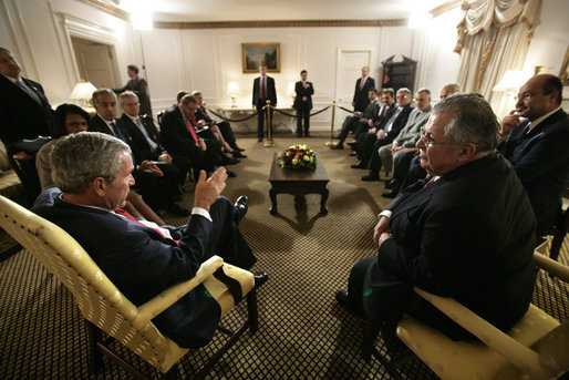 President George W. Bush meets with President Jalal Talabani of Iraq Tuesday, Sept. 19, 2006, during the President's visit to New York City for the United Nations General Assembly. White House photo by Eric Draper