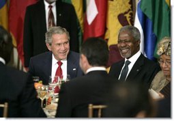 President George W. Bush is seated next to Secretary-General Kofi Annan during a luncheon of world leaders Tuesday, Sept. 19, 2006, at the United Nations, where the President later addressed the 61st General Assembly. White House photo by Eric Draper