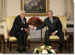 President George W. Bush meets with President Mahmoud Abbas of the Palestinian Authority, Wednesday, Sept. 20, 2006, during the President's visit to New York City for the United Nations General Assembly.  White House photo by Eric Draper