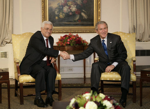 President George W. Bush meets with President Mahmoud Abbas of the Palestinian Authority, Wednesday, Sept. 20, 2006, during the President's visit to New York City for the United Nations General Assembly. White House photo by Eric Draper