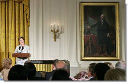 Mrs. Laura Bush addresses guests during the announcement of the President's Global Cultural Initiative in the East Room Monday, Sept. 25, 2006. "And one of the best ways we can deepen our friendships with the people of all countries is for us to better understand each other's cultures, by enjoying each other's literature, music, films and visual arts," said Mrs. Bush in her remarks.  White House photo by Shealah Craighead