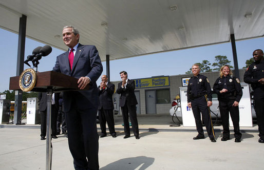 President George W. Bush talks about energy issues and the importance of developing and using alternative fuels Thursday, Sept. 28, 2006, during a visit to the Hoover Public Safety Center in Hoover, Ala. The city has just opened an alternative fueling station to provide E85 (ethanol) and biodiesel fuels for public agency vehicles. White House photo by Paul Morse