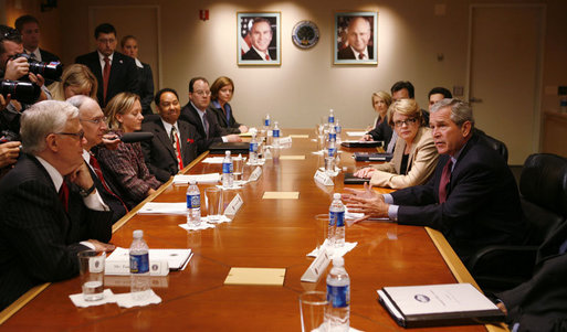President George W. Bush and U.S. Secretary of Education Margaret Spellings meet with senior officials of the U.S. Department of Education Thursday, Oct. 5, 2006, during a briefing on the implementation of No Child Left Behind law and to highlight the President's education agenda. White House photo by Paul Morse
