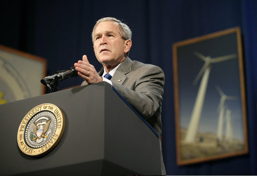 President George W. Bush addresses the Renewable Energy Conference in St. Louis, Mo., Thursday, Oct. 12, 2006. The President discussed the development of new energy sources that reduce America's consumption of oil, such as hydrogen. "Ultimately, in my judgment, one of the ways to make sure that we become fully less dependent on oil is through hydrogen. And we're spending $1.2 billion to encourage hydrogen fuel cells. It's coming, it's coming," said the President. "It's an interesting industry evolution, to think about your automobiles being powered by hydrogen, and the only emission is water vapor." White House photo by Eric Draper