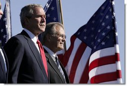 President George W. Bush with Secretary of Defense Donald Rumsfeld at the dedication of the United States Air Force Memorial in Arlington, Virginia on October 14, 2006. White House photo by Paul Morse