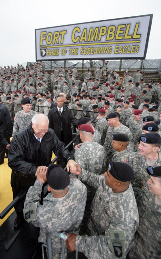 Vice President Dick Cheney greets members of the 101st Airborne Division during a visit to Fort Campbell Army Base in Fort Campbell, Ky., Monday, October 16, 2006. White House photo by David Bohrer