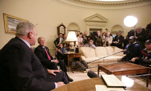 President George W. Bush and the Prime Minister of the Republic of Croatia H.E. Ivo Sanader meet with members of the media in the Oval Office at the White House, Tuesday, Oct. 17, 2006. White House photo by Eric Draper