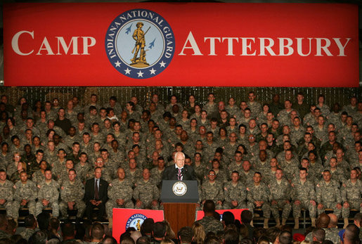 Vice President Dick Cheney addresses troops and families of the Indiana Air and Army National Guard at Camp Atterbury, Indiana, Friday, October 20, 2006. "The citizen soldier is absolutely vital to protecting this nation and to preserving our freedom. We know this from history, and we know it from current events," the Vice President said. "In this time of war we have turned to National Guard personnel for missions that are difficult and dangerous. You've never let us down." White House photo by David Bohrer