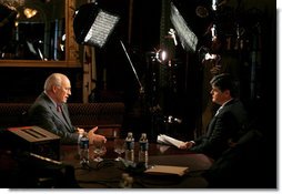 Vice President Dick Cheney participates in a radio and television interview with Sean Hannity of FOX News in the Vice President's Ceremonial Office during the White House Radio Day, Tuesday, October 24, 2006. White House photo by David Bohrer