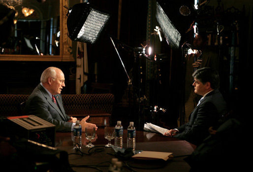Vice President Dick Cheney participates in a radio and television interview with Sean Hannity of FOX News in the Vice President's Ceremonial Office during the White House Radio Day, Tuesday, October 24, 2006. White House photo by David Bohrer