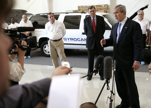 President George W. Bush speaks to the media after an unannounced visit Tuesday, Oct. 24, 2006, to Gyrocam Systems in Sarasota, Fla. Speaking to the business's entrepreneurial spirit, the President said, "It is strong inside this company, and we intend to keep it strong by keeping taxes low, less regulation, hopefully less lawsuits, and our economy will remain strong." White House photo by Eric Draper