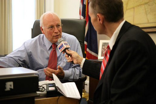 Vice President Dick Cheney is interviewed by Scott Hennen, host of the Hot Talk radio program on WDAY AM 970 in Fargo, N.D., during the White House Radio Day, Tuesday, October 24, 2006. White House photo by David Bohrer