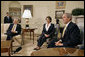 President George W. Bush meets with Congresswoman Nancy Pelosi (D-Calif.) and Congressman Steny Hoyer (D-Md.) in the Oval Office Thursday, Nov. 9, 2006. "First, I want to congratulate Congresswoman Pelosi for becoming the Speaker of the House, and the first woman Speaker of the House. This is historic for our country,” President Bush said. He also stated, "This is the beginning of a series of meetings we'll have over the next couple of years, all aimed at solving problems and leading the country." White House photo by Eric Draper