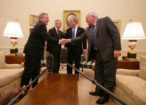 President George W. Bush and Vice President Dick Cheney thank Senate Democratic leaders Sen. Richard Durbin and Sen. Harry Reid for coming to the White House for a post-election meeting Friday, Nov. 10, 2006. President Bush said, "There is a great opportunity for us to show the country that Republicans and Democrats are equally as patriotic and equally concerned about the future, and that we can work together." White House photo by David Bohrer