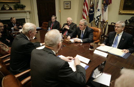 President George W. Bush is joined by Stephen Hadley, National Security Advisor, Vice President Dick Cheney and Chief of Staff Josh Bolten Monday, Nov. 13, 2006, during a meeting with the Baker-Hamilton Commission in the Roosevelt Room of the White House. Members of the Commission include: Lee Hamilton, James Baker, Sandra Day O'Connor, William Perry, Vernon Jordan and Lawrence Eagleburger. White House photo by Eric Draper