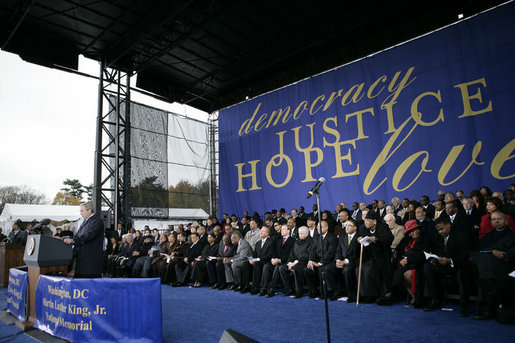 President George W. Bush delivers his remarks at the groundbreaking ceremony Monday, Nov. 13, 2006, for the Martin Luther King Jr. National Memorial on the National Mall in Washington, D.C. President Bush said “The King Memorial will be a fitting tribute, powerful and hopeful and poetic, like the man it honors.” White House photo by Eric Draper