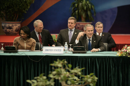 Seated with Secretary of State Condoleezza Rice, President George W. Bush participates in a meeting with Southeast Asian leaders Saturday, Nov. 18, 2006, at the International Convention Center in Hanoi. White House photo by Eric Draper