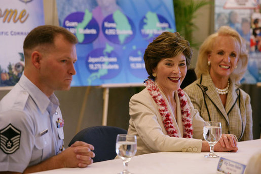 Mrs. Laura Bush is joined by Mary Fallon, right, wife of Navy Admiral William J. Fallon the Commander of the U.S. Pacific Command, during a roundtable discussion with military personnel Tuesday, Nov. 21, 2006, on military housing and educational services provided to families stationed in Honolulu, Hawaii. White House photo by Shealah Craighead