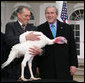 President George W. Bush is joined by Lynn Nutt of Springfield, Mo., as he poses with Flyer the turkey during a ceremony Wednesday, Nov. 22, 2006 in the White House Rose Garden, following the Presidents pardoning of the turkey before the Thanksgiving holiday.  White House photo by Paul Morse