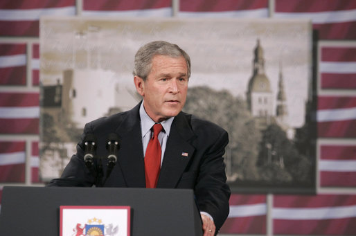 President George W. Bush delivers remarks Tuesday, Nov. 28, 2006, at Latvia University in Riga, Latvia. The President thanked the people of Latvia for accommodating the world leaders to the NATO summit and thanked President Vike-Freiberga and her government for a "spectacular job." White House photo by Paul Morse