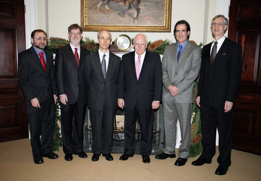 Vice President Dick Cheney meets with the 2006 U.S. Nobel Laureates, Thursday, November 30, 2006 in the Roosevelt Room at the White House. From left to right are Dr. Andrew Fire, 2006 Nobel Prize in Medicine; Dr. George F. Smoot, 2006 Nobel Prize in Physics; Dr. Roger D. Kornberg, 2006 Nobel Prize in Chemistry; Dr. Craig Mello, 2006 Nobel Prize in Medicine; Dr. John C. Mather, 2006 Nobel Prize in Physics. This year marks the first time in 30 years that the U.S. has exclusively won four of the six Nobel prizes, the last time being 1976 when the U.S. won awards in science, economics and literature. White House photo by David Bohrer