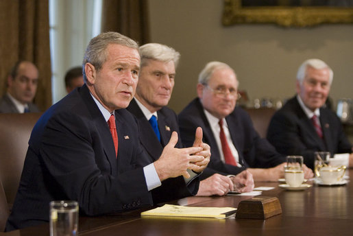 President George W. Bush addresses the press during a meeting with members of Congress about the Iraq Study Group Report and his recent foreign trips in the Cabinet Room Wednesday, Dec. 6, 2006. "Not all of us around the table agree with every idea, but we do agree that it shows that bipartisan consensus on important issues is possible," said the President. "It's really important for the American people to know that there are people of goodwill here in town willing to set aside politics and focus on the security of this country and the peace of the world." White House photo by Eric Draper