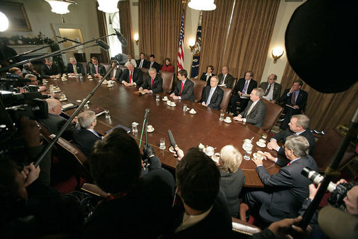 President George W. Bush meets with the Bicameral Congressional leadership in the Cabinet Room Friday, Dec. 8, 2006. "I assured the leaders that the White House door will be open when the new Congress shows up. And I think we ought to meet on a regular basis; I believe there's consensus for that," said the President in a statement to the press. White House photo by Eric Draper