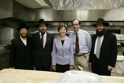Mrs. Laura Bush is joined by Rabbi Binyomin Taub, Rabbi Hillel Baron, Peter Olster and Rabbi Mendy Minkowitz on Monday, December 18, 2006 during the second-ever kosherizing of the White House kitchen. White House photo by Kimberlee Hewitt