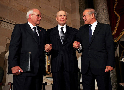 Former President Gerald R. Ford stands with his two White House Chiefs of Staff, Vice President Dick Cheney and former Defense Secretary Donald Rumsfeld, during a Gerald R. Ford Foundation awards dinner at the U.S. Capitol August 9, 2004. White House photo by David Bohrer