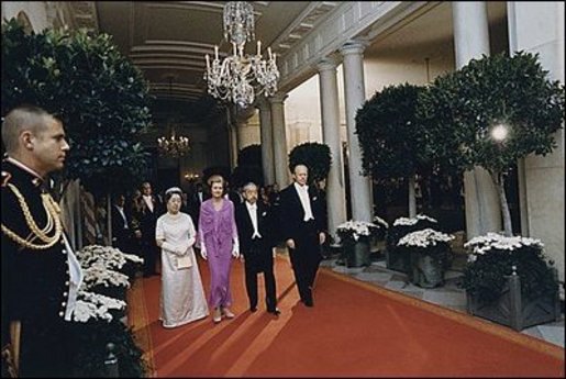 President Gerald Ford and Mrs. Ford escort Japanese Emperor Hirohito and Empress Nagako down the red carpet prior to a state dinner on October 2, 1975. Photo courtesy Gerald R. Ford Presidential Library 