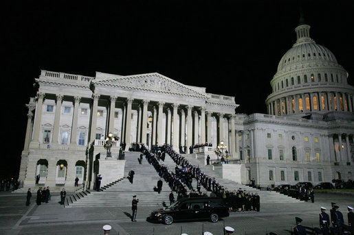 Military pallbearers carry the casket of former President Gerald R. Ford up the East Steps of the U.S. Capitol, Saturday evening, Dec. 30, 2006 in Washington, D.C., to the State Funeral ceremony in the Capitol Rotunda. White House photo by Shealah Craighead