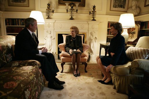 President George W. Bush and Mrs. Laura Bush meet with Mrs. Betty Ford Monday, Jan. 1, 2007, at the Blair House in Washington, D.C. Services will be held Monday at the National Cathedral for former President Gerard R. Ford, who died Dec. 26, 2006, in California. White House photo by Eric Draper