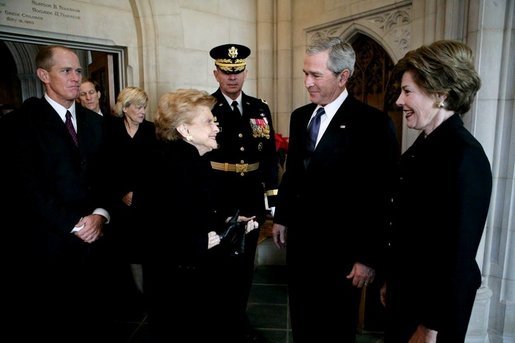 President George W. Bush and Mrs. Laura Bush greet former first lady Betty Ford and her son, Steven Ford, upon their arrival for the State Funeral service for former President Gerald R. Ford at the National Cathedral in Washington, D.C., Tuesday, Jan. 2, 2007. White House photo by Eric Draper