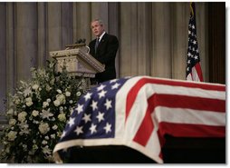 President George W. Bush delivers the eulogy for former President Gerald R. Ford during the State Funeral service at the National Cathedral in Washington, D.C., Tuesday, Jan. 2, 2007.  White House photo by Eric Draper