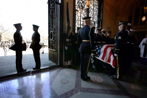 Military pallbearers prepare to carry the casket of former President Gerald R. Ford into the nave of the National Cathedral for the former president's State Funeral service in Washington, D.C., Tuesday, January 2, 2007. White House photo by David Bohrer