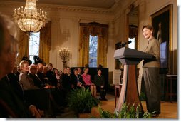 Mrs. Laura Bush addresses her remarks at the 2006 National Awards for Museum and Library Service ceremony Monday, January 8, 2006, in the East Room of the White House, honoring three libraries and three museums from around the nation for their outstanding contributions to public service.  White House photo by Shealah Craighead