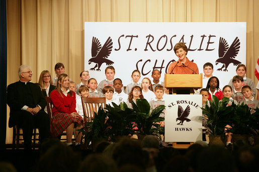 Mrs. Laura Bush addresses the students, faculty and invited guests during her visit to the St. Rosalie School, Tuesday, Jan. 9, 2007, in Harvey, Louisiana, where Mrs. Bush toured the school’s rebuilding progress following Hurricane Katrina, including the school’s newly re-opened and renovated library. White House photo by Shealah Craighead