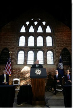 Vice President Dick Cheney addresses a joint session of the Virginia General Assembly at the Memorial Church at Historic Jamestown in Jamestown, Va., to mark the beginning of an 18-month series of events celebrating the 400th anniversary of Jamestown, Wednesday, January 10, 2007. The Jamestown Memorial Church is located on the site where, just twelve years after the first settlers arrived to the New World, representative government began in America with the establishment of the House of Burgesses, the first legislative body in the New World and precursor to today's Virginia House of Delegates. White House photo by David Bohrer