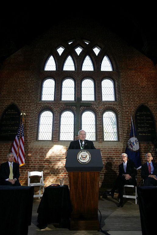 Vice President Dick Cheney addresses a joint session of the Virginia General Assembly at the Memorial Church at Historic Jamestown in Jamestown, Va., to mark the beginning of an 18-month series of events celebrating the 400th anniversary of Jamestown, Wednesday, January 10, 2007. The Jamestown Memorial Church is located on the site where, just twelve years after the first settlers arrived to the New World, representative government began in America with the establishment of the House of Burgesses, the first legislative body in the New World and precursor to today's Virginia House of Delegates. White House photo by David Bohrer