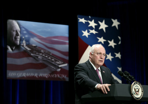 Vice President Dick Cheney delivers remarks at the naming ceremony for the new U.S. Navy aircraft carrier, USS Gerald R. Ford, at the Pentagon in Washington, D.C., Tuesday, Jan. 16, 2007. "If the purpose of naming an aircraft carrier is to convey the confident spirit of our military, and the good and just causes that America serves in the world, then we have certainly accomplished that purpose here today," said the Vice President. "The name Gerald R. Ford belonged to a man who gave a lifetime of devoted service to our country, reflecting honor on the United States Navy, on the House of Representatives, on the Vice Presidency, and on the Presidency." White House photo by Paul Morse