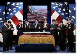 Vice President Dick Cheney, second left, is joined by government officials and family members of former President Gerald R. Ford in applause during a naming ceremony for the new U.S. Navy aircraft carrier, USS Gerald R. Ford, at the Pentagon in Washington, D.C., Tuesday, Jan. 16, 2007. The nuclear-powered aircraft carrier will be the first in the new Gerald R. Ford class of aircraft carriers in the U.S. Navy. Pictured from left to right are Secretary of the Navy Donald Winter, Vice President Dick Cheney, Susan Ford Bales, Steve Ford, Jack Ford, Michael Ford, Senator John Warner, R-Va., Senator Carl Levin D-Mich., and Chief of Naval Operations, Admiral Mike Mullen.  White House photo by Paul Morse