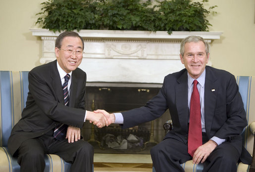 President George W. Bush and U.N. Secretary-General Ban Ki-Moon meet with the press in the Oval Office Tuesday, Jan. 16, 2007. "Thank you for your willingness to serve. Thank you for this very important discussion we just had," said President Bush. "I appreciate so very much how you opened up the discussion with a strong commitment to democracy and freedom. And the United States is willing -- wants to work with the United Nations to achieve a peace through the spread of freedom." White House photo by Eric Draper
