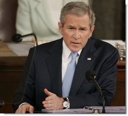 President George W. Bush emphasizes a point during the State of the Union address Tuesday, January 23, 2007. The President told the nation, 'We're not the first to come here with a government divided and uncertainty in the air. Like many before us, we can work through our differences and achieve big things for the American people.'  White House photo by Paul Morse